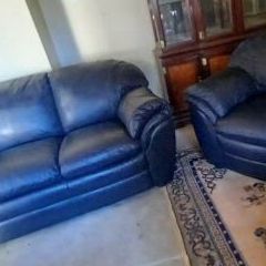 Blue Leather Sofa And Chair Still Has Tags
