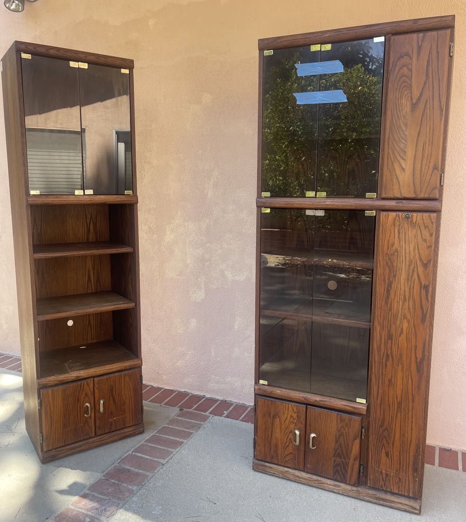 Wooden Bookshelves with Glass Doors Cabinets and Lights