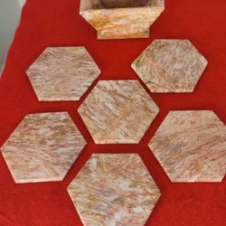 HAND CARVED PINK MARBLE HEXAGONAL COASTERS, 5 PIECE SET WITH HOLDER.