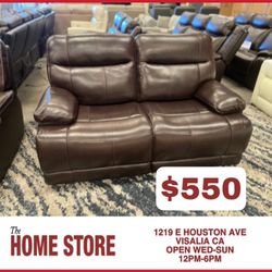 Brown Leather Power Reclining Loveseat 
