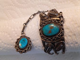 Vintage Navajo Sterling Silver & Turquoise Hand Chain Bracelet (Ring & Cuff Set)