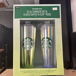 24 oz Starbucks Tumbler Set with Iced Coffee K-Cups, 2-count, Assorted Colors