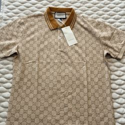 Gucci Beige GG Logo Print Men's Polo Shirt 2XL Short Sleeve