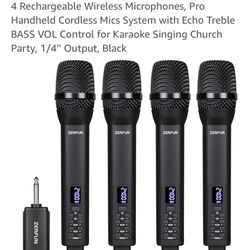 4 Rechargeable Wireless Microphones, Pro Handheld Cordless Mics System with Echo Treble BASS VOL Control for Karaoke Singing Church Party, 1/4'' Outpu