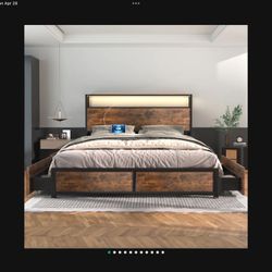 Queen Bed Frame with 4 Storage Drawers and Charging Station ＆ LED Lights