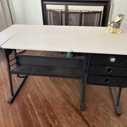 Sewing Table. White With Black Metal Frame And Fold Down Extension And 3 Black Fabric Drawers