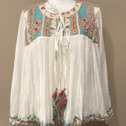 RAGA Woman’s 100% Thin Cotton Chest Pleated, Sleeves, Adorned Top, Size M
