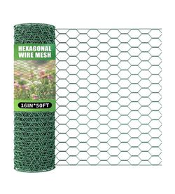 16 × 600 Inches Chicken Wire for Floral Arrangements, Green Chicken Wire, Hexagonal Galvanized Wire Mesh for Poultry Barrier, Flower Arrangement, Craf