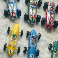  Vintage Metal And Plastic   Racing Cars With  Men’s Inside 6 And 7 Inches Long 