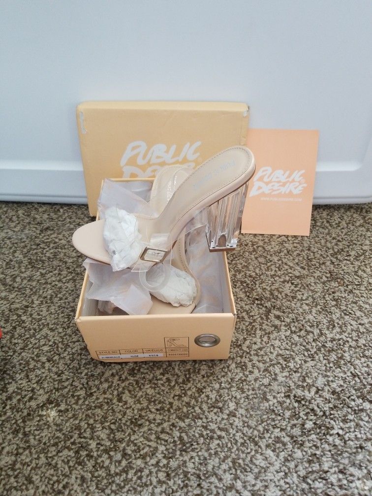 Dolls Kill Public Desire Nude/Clear Open Toe Strappy 4" Block Heels, Size 6