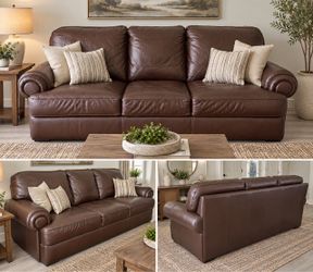 Brown Leather 3-Seat Sofa with Rolled Arms