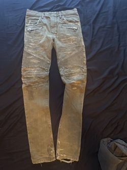 Olive Green Denim Balmain Biker Jeans Size 29