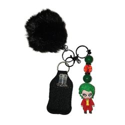 Joker Custom Keychain with Sanitizer Bottle, Black Holder, and Pom Pom