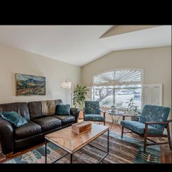 Moving sale! MCM chairs, end tables, coffee table, queen bed, armoire