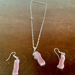 Pink coral pendant necklace and earrings