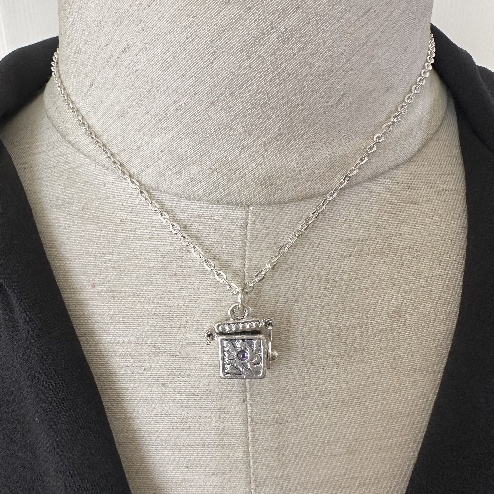 Silver Tone Faith Locket Box Pendant Necklace