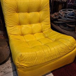 Vintage Chair & Ottoman Yellow Vinyl Seat Mid-Century 70s Tufted Retro Lounge