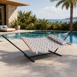 Outdoor Patio / Yard / Beach - Two Person Portable Hammock with Heavy Duty Stand (480 lbs Capacity) - 12 Ft. Steel Stand & Carrying Bag & Pillow [NEW]
