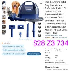 Dog Grooming Kit & Dog Hair Vacuum 99% Hair Suction 3L Large Dust Cup, Professional 5 in 1 Attachment Tools with Hair Trimmer, Grooming Shedding Brush