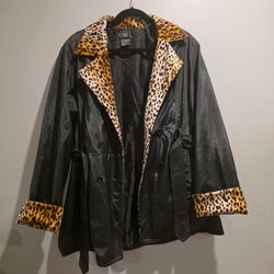 ​Selene Sport Vintage Black Trench Coat with Leopard Print Trim – Size