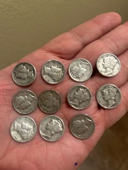 Mercury dimes 90% silver coins 11 in very good condition years readable, not junk