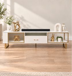 70" Led TV Stand for 75/80 inch TV, Glossy Media Console with Half-Glass Drawer - White