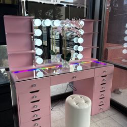 Big Vanity Pink Color NEW With Lights And Stool Included 