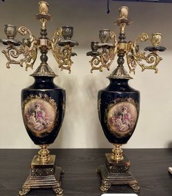 Pair of Vintage Porcelain & Brass Candelabras – Ornate 5-Arm Candle Holders