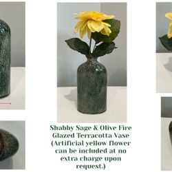 Shabby Sage & Olive Fire Glazed Terracotta Vase -Faux yellow flower can be included at no extra cost