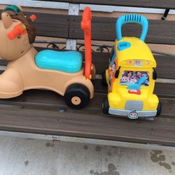 Two push toys for toddlers and a rocking horse to ride