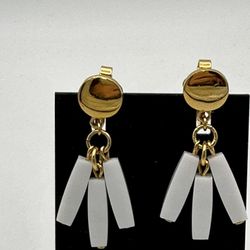 Vintage Crown Trifari Earrings Dangling 3 Acrylic White Bars 1.5-1.75 MCM 1960’s Great Condition 