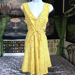 Yellow Summer Spring Adjustable Tie Front & Back Floral Sun Dress L
