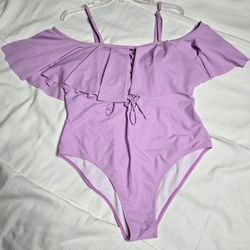 Lavender One-Piece Off Shoulder Ruffled Swimsuit XXL