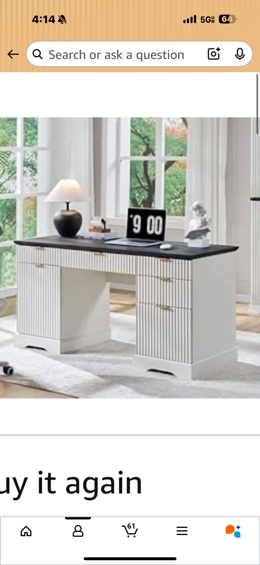  58" Modern Desk with 5 Drawers & 1 Cabinet,