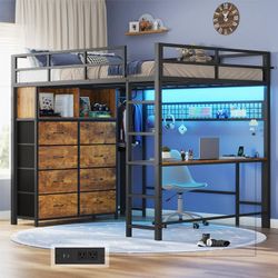 Full Size Loft Bed with Desk and 8 Storage Drawers, LED Metal Loft Bed with Power Outlet, 2 Shelves and Clothing Rack, Rustic Brown