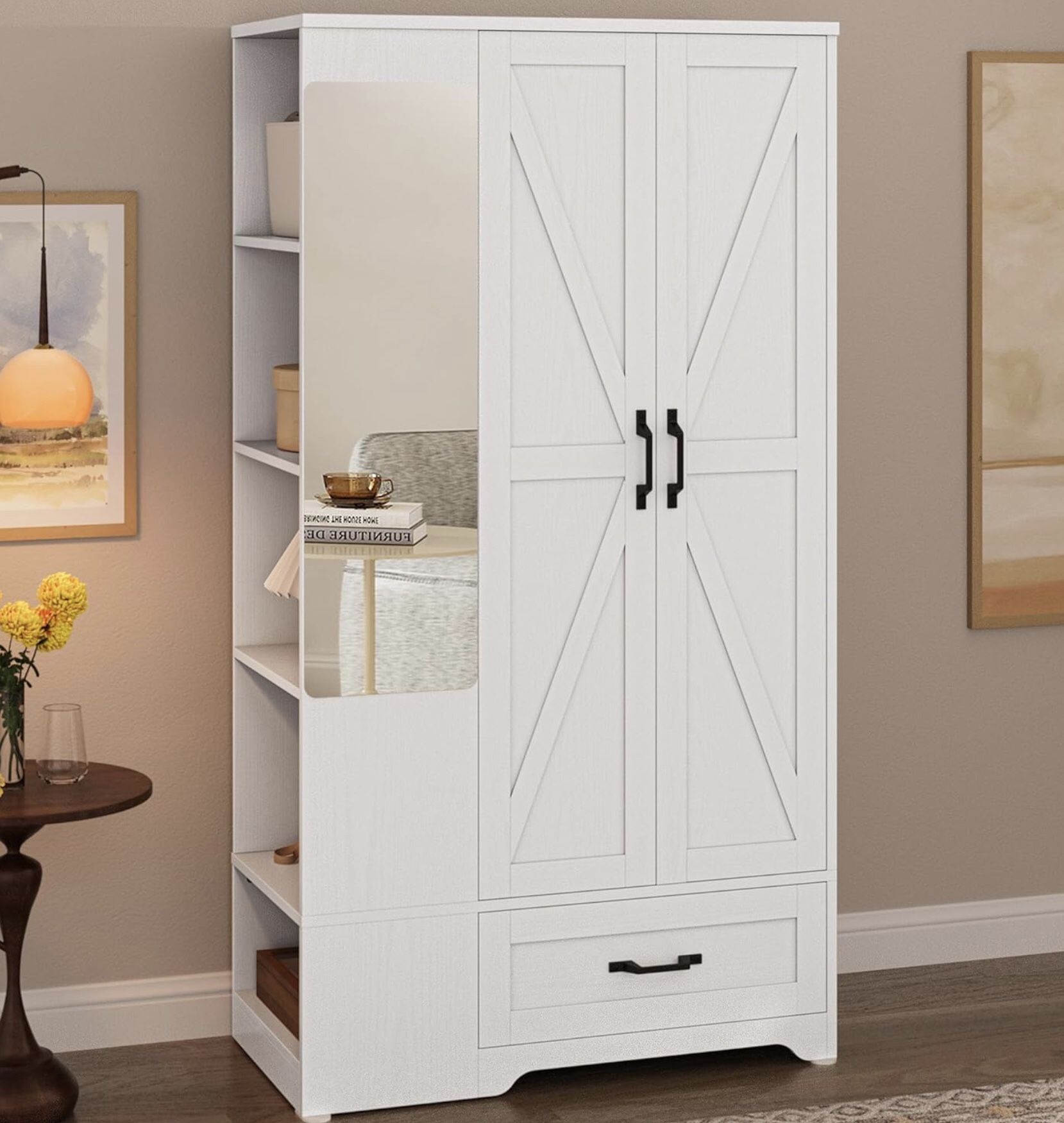 Armoire Wardrobe Closet -White with Mirror, storage and drawers