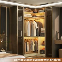 Aheaplus Corner Closet System with Shelves, 34’’ Closet Organizer System with Hanging Rods, Wood Walk-in Closets for Corner Small Space,Freestanding C