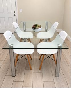 Modern Tempered Glass Dining Table Set with 4 White Chairs