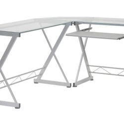Glass And Metal L -Shaped Desk W/keyboard Tray