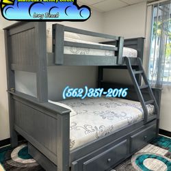 Twin Full Grey Bunk Bed With Trundle Cama Colchones Nuevos 