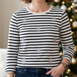 Talbots Striped Embroidered Snowflake Cotton Long Sleeve Top - S