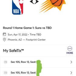 Selling 4 pairs of tickets to the suns playoffs games 1 and 2. Section 105 row 15, 15 rows behind the visitors bench and section 105 row 13