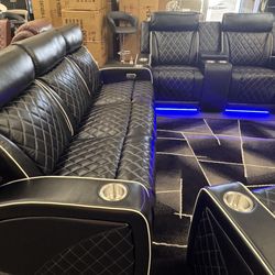 NEW! 3 Pcs Black Power Recliner W/Led lights / 8 Cup Holders / USB Ports