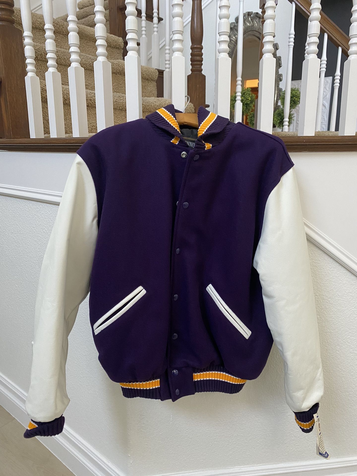 Purple, Gold And White Real Leather Letterman Jacket.