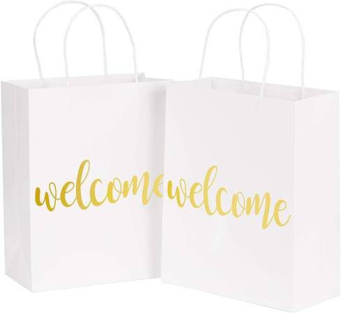 LaRibbons Medium Welcome Gift Bags - Gold Foil White Paper Bags with Handles for Wedding, Birthday, Baby Shower - 12 Pack - 8" x 4" x 10"