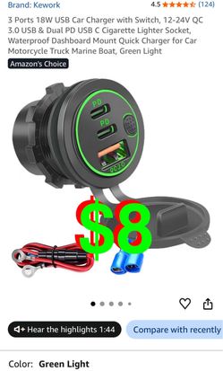 Kework - 3 Ports 18W USB Car Charger with Switch, 12-24V QC 3.0 USB & Dual PD USB C Cigarette Lighter Socket, Waterproof Dashboard Mount Quick Charger