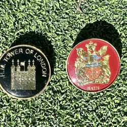 2-pins, Vintage H.M. Tower of London Souvenir Black & Gold Lapel Brooch Pin & A BATH Red & Gold Lapel Brooch Pin