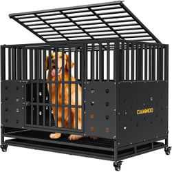 48'' Heavy Duty Dog Crate For Large Dogs, – Upgraded Chew-proof Panels, Comfort-widened Floor Panel, Dog Kennel Indoor, Adjustable Internal Height, Ea