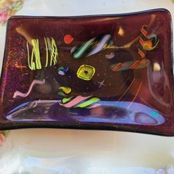 IRIDESCENT FUSED ART GLASS Rectangle ABSTRACT PLATE, DISH KURT MCVAY boho MCM purple metallic trinke