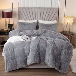 EMME Plush Shaggy Grey Duvet Cover Set Twin Size 2 Pieces Luxury Fuzzy Comf